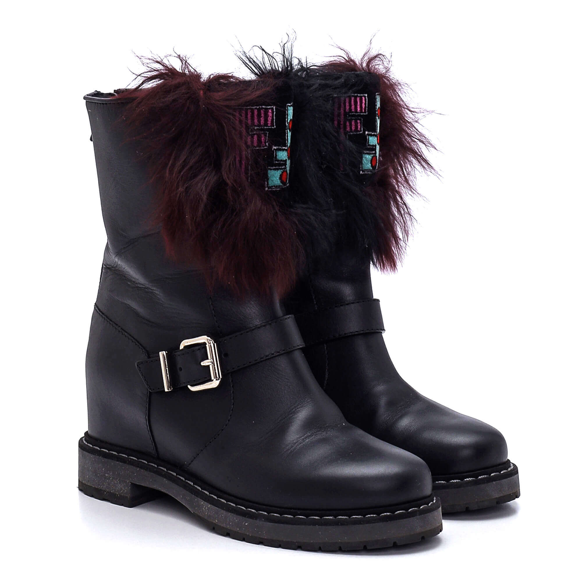 Fendi - Black Leather FF Logo Fur & Strap Detail Boots/39